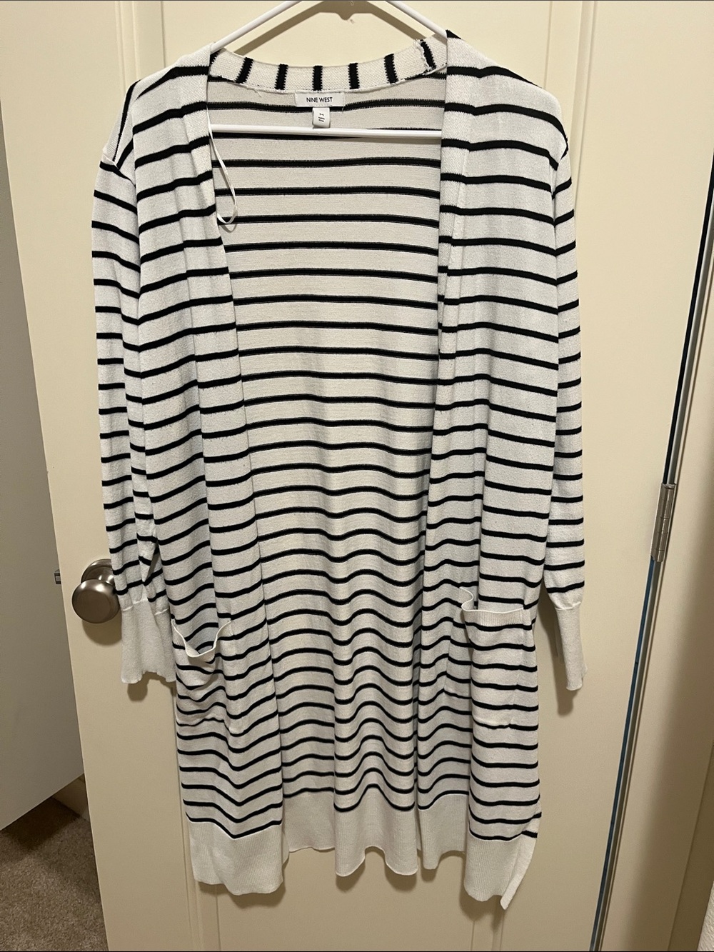 Nine West Black & White Striped Open-Front Cardigan